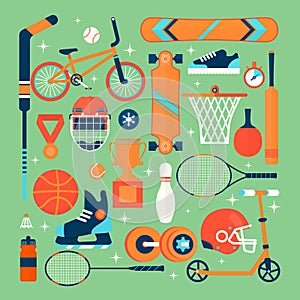 Set of colorful sport icons.Isolated vector objects.Tourism, sports, fitness and a healthy lifestyle. Flat illustration