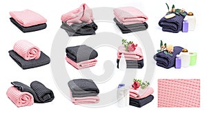 Set of Colorful stacked bath towels isolated on white background. - Image