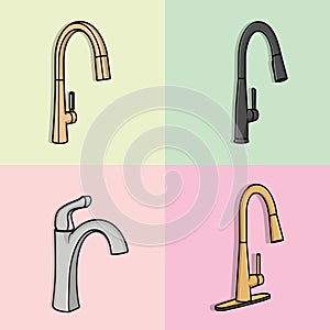 Set of Colorful Steel Water Supply Faucets For Bathroom And Kitchen Sink vector illustration