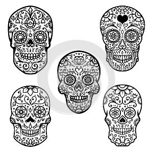 Set of colorful sugar skull isolated on white background. Day of the dead. Dia de los muertos. Design element for poster, card, ba