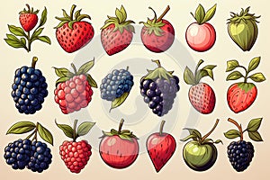 Set of colorful summer berries icons on white - blackberries, strawberries, raspberries, grape