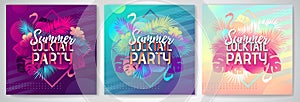 Set of Colorful summer cocktail party posters  with fluorescent tropic leaves and flamingo. Summertime background