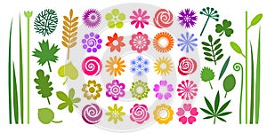 Set of colorful summer flowers, leaves and stems in imple cartoon flat style.