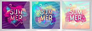 Set of Colorful summer party posters with fluorescent tropic leaves and flamingo. Summertime background