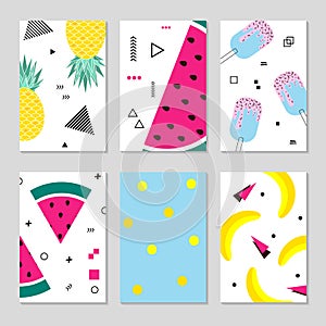 Set of Colorful summer poster with fruits, ice cream and geometric elements in memphis style background, vector.