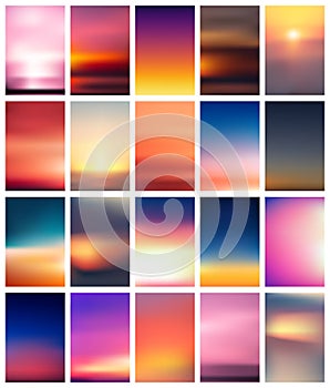 Set of colorful sunset and sunrise cards. Blurred modern gradient mesh background