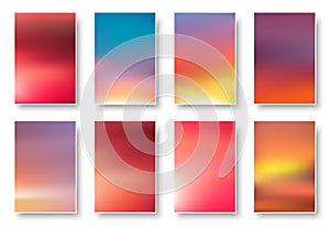 Set of colorful sunset and sunrise paper cards. Blurred modern gradient mesh background