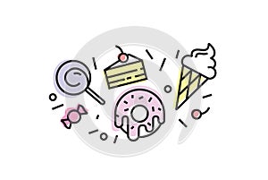 Set of colorful sweets icons isolated. Trendy linear style  ice cream  donut  lollypop  cake  candy.