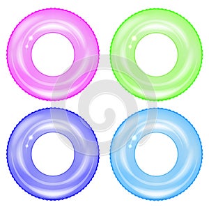 Set of Colorful Swim Rings . Inflatable Rubber Toys. Colored Lifebuoy. Ring for Water Game. Vacation or Trip Safety