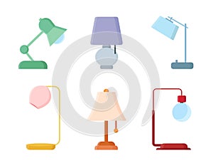 Set of colorful table lamps in cartoon style. Vector illustration of various lamps for home interiors white background