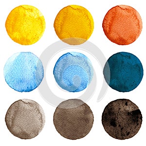 Set of colorful textured acrylic circles isolated on white.