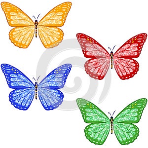 Set of colorful textured butterflies on white background. isolated.