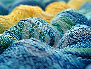 A set of colorful threads and plastic bobbins for sewing machines. Yarn Textiles Made from Ocean Plastics