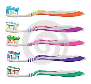 Set of colorful toothbrushes with toothpaste. vector
