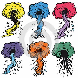 Set colorful tornado cartoons twisting debris. Handdrawn style cyclones various colors