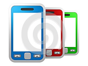 Set of colorful touchscreen smartphones on white