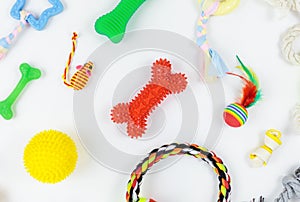 Set of colorful toys, bones, ropes made of cotton, plastic, rubber for dogs and cats. Pets care and accessories