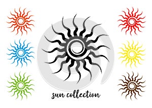 Set colorful Tribal Sun Tattoo Sonnenrad Symbol, sun wheel sign. Summer icon. The ancient European esoteric element. Logo Graphic