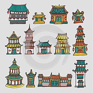 Set of colorful vector asian temples and manor houses