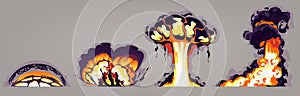 Set of colorful vector explosions. Explosion timing animation. Sequential chronology of the explosion of a bomb, rocket. Explosion