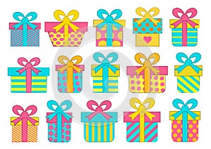 Set of colorful vector gift boxes with bows and ribbons.