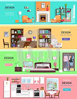 Set of colorful vector interior design house rooms with furniture icons: living room, bedroom, kitchen and home office.