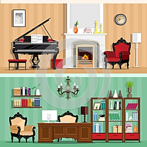 Set of colorful vector interior design house rooms with furniture icons: living room and home office. Rooms with vintage interior