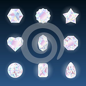 Set of colorful vector jewels gemstones and crystals with glowing on dark background