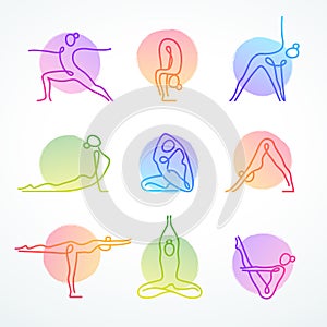 Set of colorful vector line figures in various yoga poses