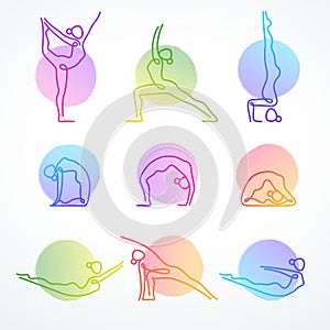 Set of colorful vector line figures in various yoga poses