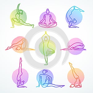 Set of colorful vector line figures in various yoga poses