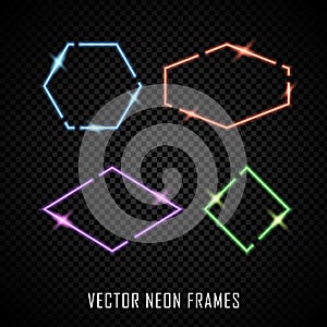 Set of colorful vector neon frames on dark background