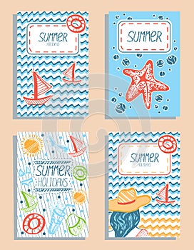 Set of colorful vector summer holidays cards. Hand drawn sea vacation objects