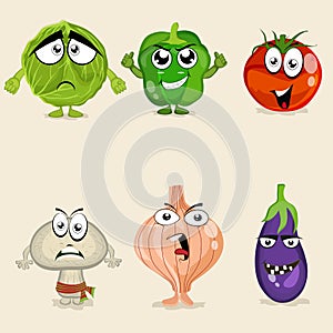 Set of colorful vegetable cartoon characters.