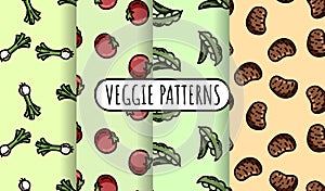 Set of colorful vegetables seamless patterns. Flat design collection of background texture tiles