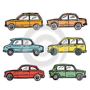Set colorful vintage cars side view, handdrawn vehicles. Classic automobiles cartoon, collection photo