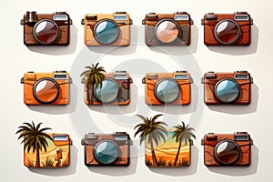 Set of colorful vintage photo cameras with palm trees icons for summer travel memories