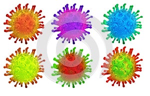 Set of colorful virus bacteria cells. 3D render collection of images isolated on white background. Flu, influenza, coronavirus