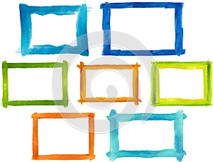 Set of colorful watercolor artistic frames isolated on white