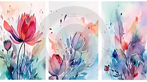 Set of colorful watercolor floral backgrounds. Spring flowers. Watercolor painting. generative ai