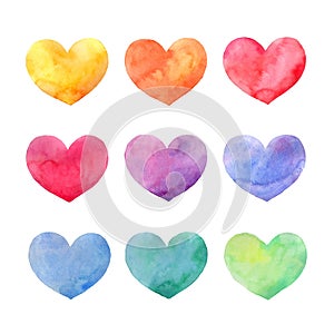 Set of colorful watercolor hearts for valentines day, holiday, health care and wedding decoration