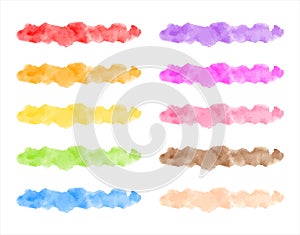 Set of colorful watercolor vector uneven stripes, thin brush strokes, long spots