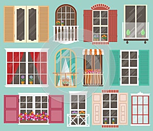 Set of colorful windows with windowsills, curtains, flowers, balconies