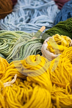 Set of colorful wool yarn balls. Closeup photo