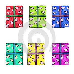 Set of colorful wrapped gift boxes with hearts ribbon, bow and paper card isolated on white background. Watercolor markers hand