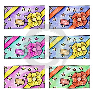 Set of colorful wrapped gift boxes with ribbon, bow and paper card isolated on white background. Watercolor markers hand drawn