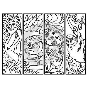 Set of coloring bookmarks with sloth, cute wild animal coloring page for kids and adults, for school or kindergarten