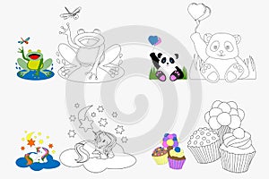 Set of coloring books with animals, ice cream and muffins. Panda, frog and unicorn.