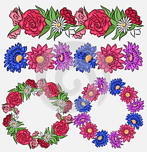 Set of coloring flower brushes and frames.