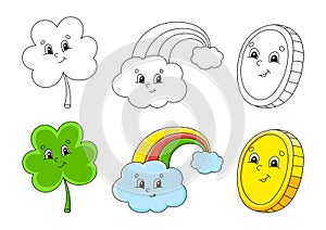 Set coloring page for kids. St. Patrick `s Day. Clover shamrock. Magic rainbow. Gold coin. Cute cartoon characters. Black stroke.